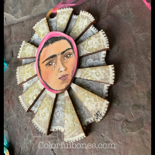 Frida Tehuana hand painted wood ornament