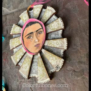 Frida Tehuana hand painted wood ornament