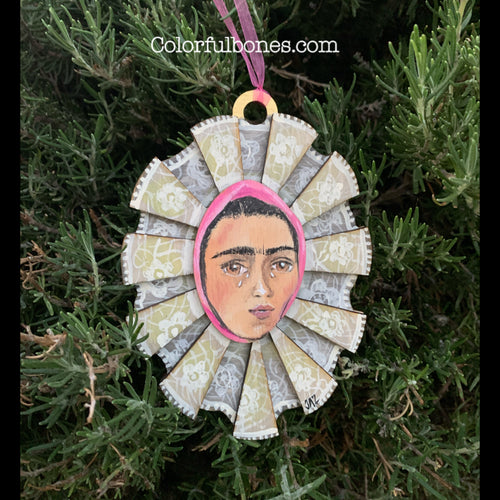 Frida Tehuana hand painted wood ornament