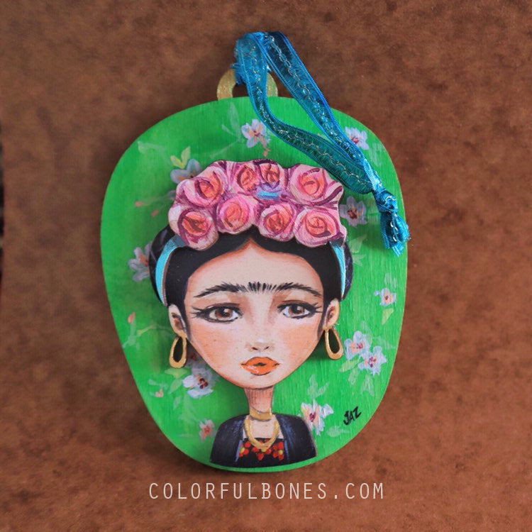 Frida Vogue hand painted wood ornament